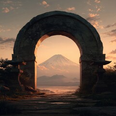 Ancient archway, misty valley, sunrise, mountain view.  Possible travel poster