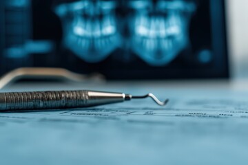 Dental tools and x-ray on patient's chart at dental clinic