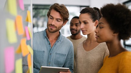 Brainstorming Session: Colleagues gather around a board adorned with colorful sticky notes, engaged in a collaborative discussion, fueled by the spirit of innovation and progress. 
