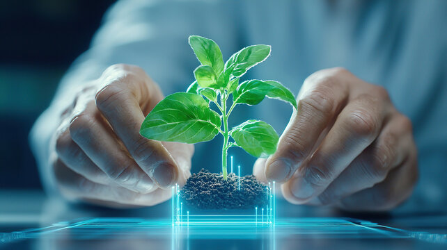 Innovative hands nurturing digital plant, showcasing fusion of technology and agriculture. This captures essence of modern farming - Powered by Adobe