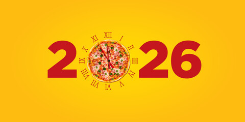 Happy New Year 2026 Number logo text concept for the restaurant, Pizza brand. Pizza can be used for restaurants, Pizza brands, Food charts, Celebrations of the new year, and pizza as a clock isolated