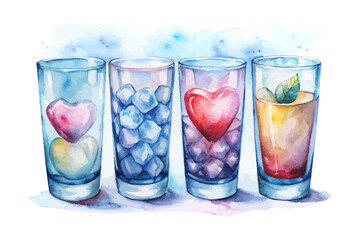 set of watercolor water glass with Heart-shaped Ice Cubes vector illustration isolated on white background