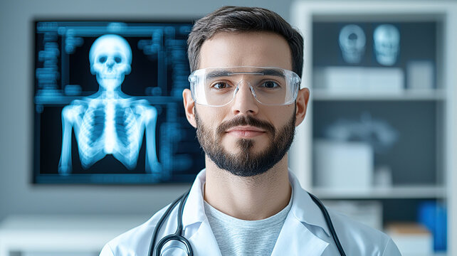 Medical professional wearing protective glasses and lab coat stands confidently front of anatomical skeleton display, showcasing dedication - Powered by Adobe
