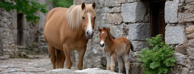 Brown horse standing beside a baby foal in a sunny courtyard of a rustic stone house with greenery and empty space for text
