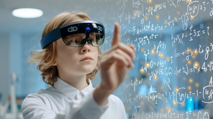 Young scientist touching virtual holographic screen, solving math formula - Powered by Adobe