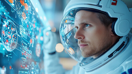 Close up of astronaut in space themed virtual classroom, interacting with advanced technology and data displays, showcasing curiosity and focus