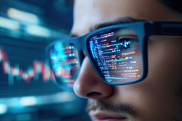 Close up of student wearing augmented reality glasses, showcasing data and graphs reflected in lenses, highlighting technology and innovation