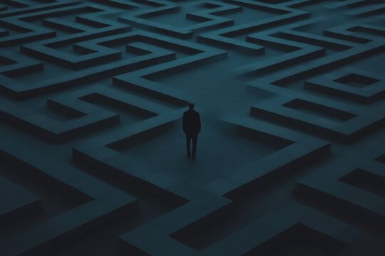 Lost man stands in center of perplexing geometric maze