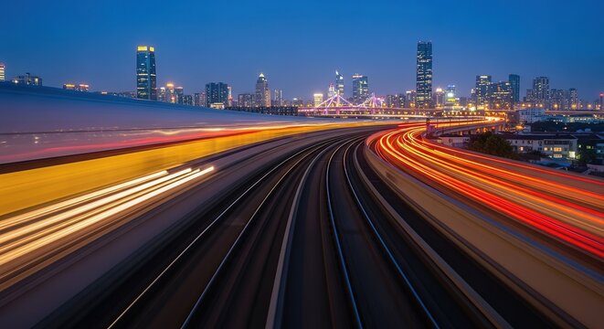 Light streaks from moving trains illuminate the city skyline during evening transition on railroad tracks - Powered by Adobe