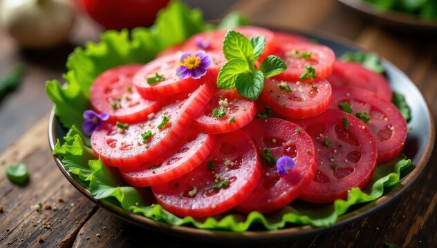 Freshly cut chuzo desgranado arranged in a decorative tray, garnished with edible flowers and herbs, cut, garnish