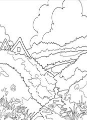 Landscape drawing for kids, Landscape Coloring Book,
Line Drawing