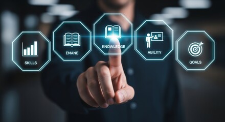 Skills and Knowledge Training Concept with Hand Pointing at Futuristic Hexagon Interface