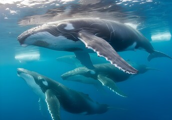 Fototapeta premium Close up of humpback whales (Megaptera novaeangliae) swimming underwater, Antarctica. 