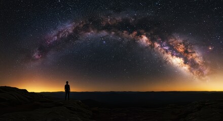 Fototapeta premium A Solitary Wanderer Gazes Up at the Majestic Arching Band of the Milky Way Galaxy Above a Distant City Horizon