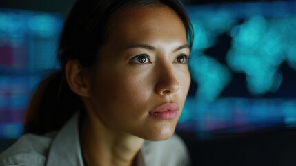 Obraz premium Focused Determination: A focused woman gazes intently towards a computer screen, reflecting concentration and strategic thinking in the digital landscape.