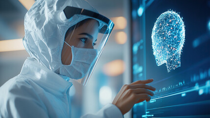 Futuristic lab environment with researcher protective gear interacting with digital interface displaying holographic head. scene conveys