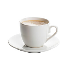 White coffee cup and saucer on a plain background.  A light tan colored coffee beverage fills the cup