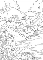 Landscape drawing for kids, Landscape Coloring Book,
Line Drawing
