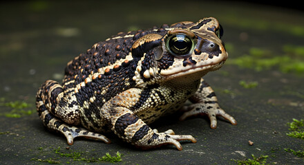 Obraz premium Brown Spotted Toad Sitting on Dark Green Mossy Stone