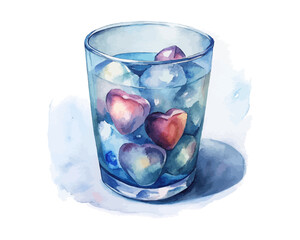 watercolor water glass with Heart-shaped Ice Cubes vector illustration isolated on white background