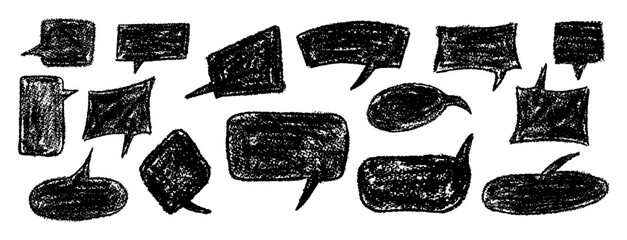 Vector set of quirky black speech bubbles and clouds on white bg. Wax and charcoal squiggle style on blackboard background, perfect for school or kindergarten collage or fun monochrome designs.