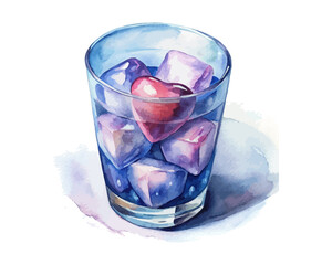 watercolor water glass with Heart-shaped Ice Cubes vector illustration isolated on white background