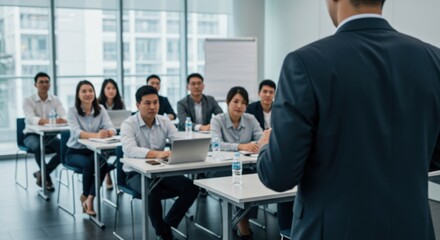 Professional business seminar with attentive participants learning from a presenter in a modern conference room setting