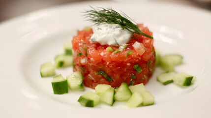 Fresh Salmon Tartare with Cucumber and Dill Cream on White Plate Garnished with Fresh Herbs