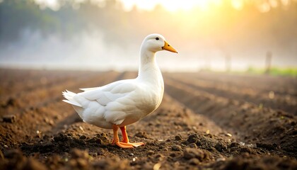 White Duck In Plowed Field At Sunrise