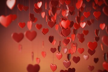 A cascade of red hearts hangs suspended, symbolizing love and romance