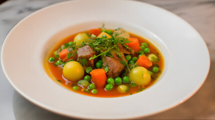 Spring Lamb Stew with Fresh Vegetables and Herbs in a Delightful Broth
