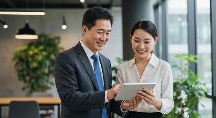 Two smiling asian business professionals collaborating and reviewing information on a tablet device in a modern office setting