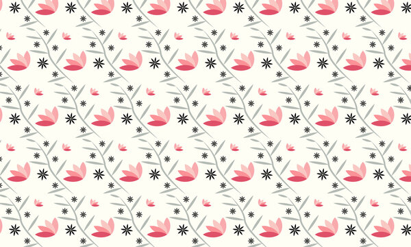 Seamless Pink Floral Pattern with Leafy Branches on Light Background, Elegant seamless floral pattern featuring soft pink abstract flowers