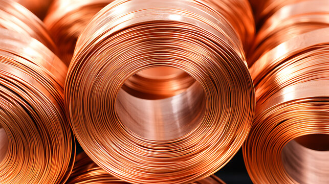 Close-up of coiled copper wire rolls, showcasing their shiny, reddish-orange texture and circular form, emphasizing conductivity and industrial use.