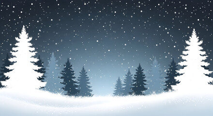 Obraz premium Snowy Winter Landscape with Evergreen Trees and Falling Snow in Dark Blue Sky