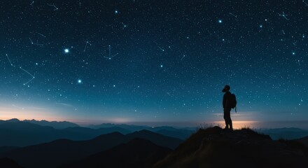 Astronaut gazes at the vast starfield from a mountain peak under the celestial glow of a clear night sky