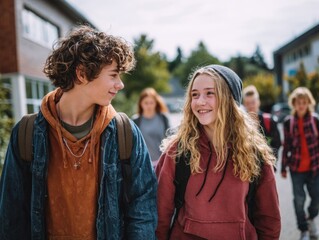 Fototapeta premium teenager students walking to study holding pile of books, ai generated