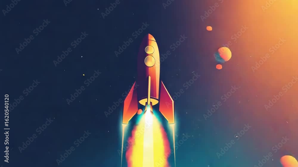 Sticker red rocket launching from planet with orange atmosphere in outer space