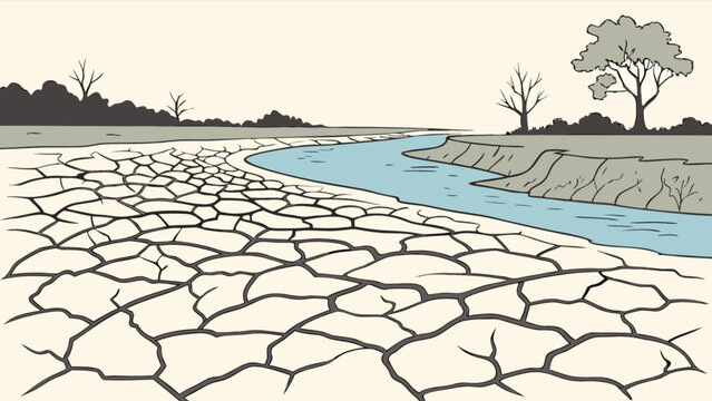 Illustration of drought landscape showing cracked earth dry riverbed and barren trees climate change concept
