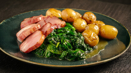 Delicious Grilled Pork with Spinach and Brown Potatoes Served on a Green Plate
