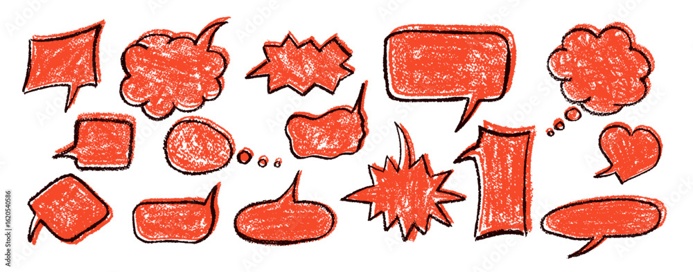 Wall mural vector set of quirky speech and thought bubbles for sms in red wax with black outline on blackboard 
