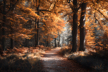 Fototapeta premium Transcendent Autumn Pathway Through a Lush Forest with Vibrant Golden and Orange Foliage