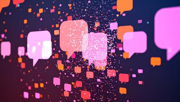 Floating neon icons of messages and speech bubbles over digital grid, symbolizing vibrant data communication