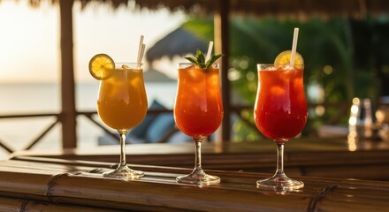 Refreshing Tropical Cocktails Served at a Beach Bar at Sunset with Ocean Views and Palm Trees