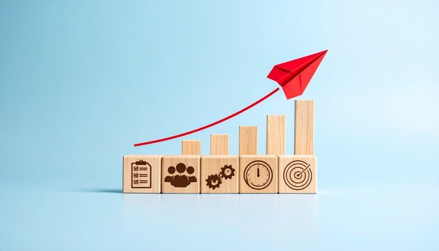Red paper airplane ascending over business icons and growth bars, symbolizing momentum and goal-driven progress