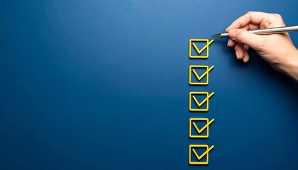 Hand checking all boxes on blue background, symbolizing task completion and productivity