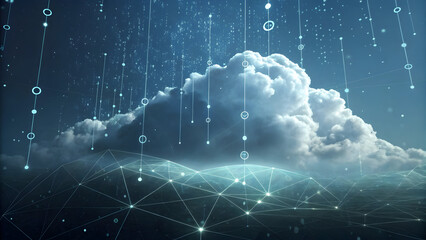 Digital Network Overlay on Clouds and Landscape with Falling Data Streams technology technology, background, new, latest, web, ai background, futuristic hud, cyber security, neural network, data tech