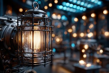 Vintage industrial lamp illuminates a stylish modern workspace with captivating design elements