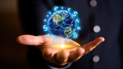Hand holding glowing earth with currency symbols globe