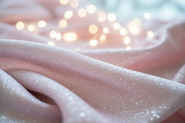 Soft pink fabric sparkles with bokeh lights, creating a luxurious and romantic background